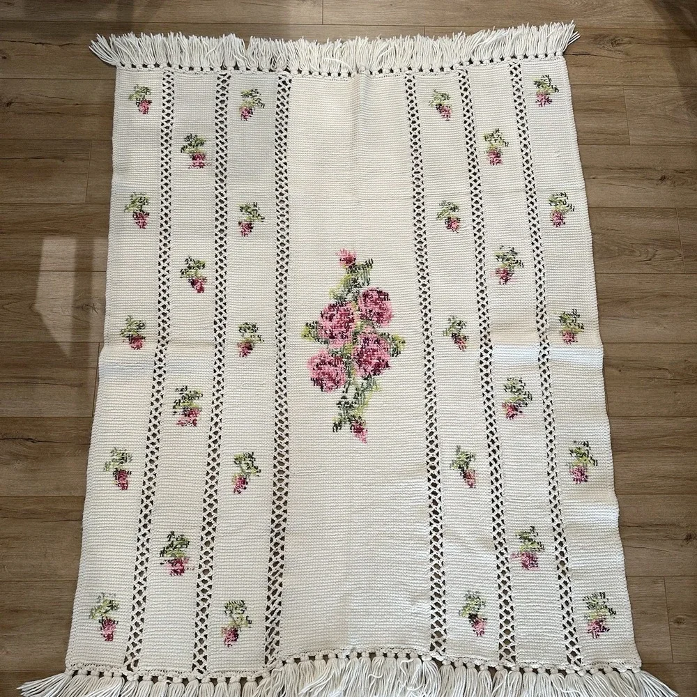 Hand Crochet Afghan Blanket Throw Cottage Rose Cross Stitch Cottagecore 75x60